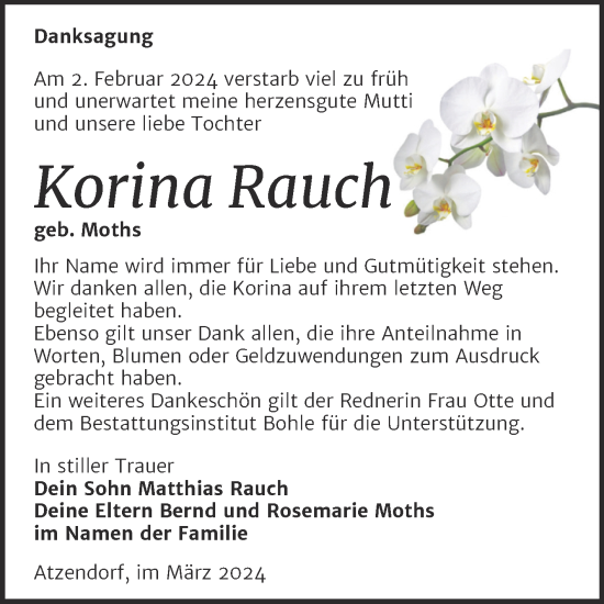 Traueranzeige von Korina Rauch von Trauerkombi Merseburg