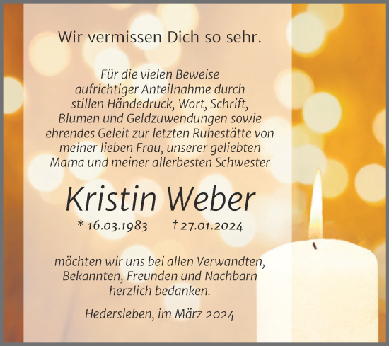 Traueranzeige von Kristin Weber von Trauerkombi Quedlinburg