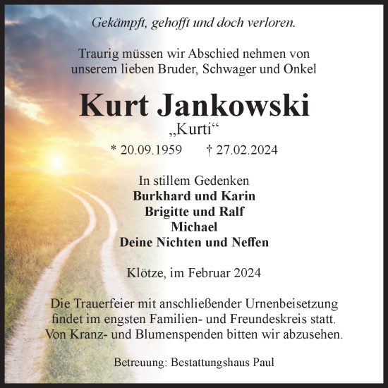 Traueranzeige von Kurt Jankowski von Volksstimme Altmark West