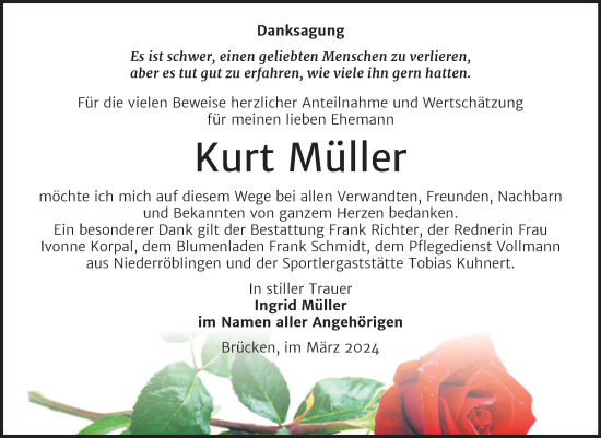 Traueranzeige von Kurt Müller von Trauerkombi Sangerhausen