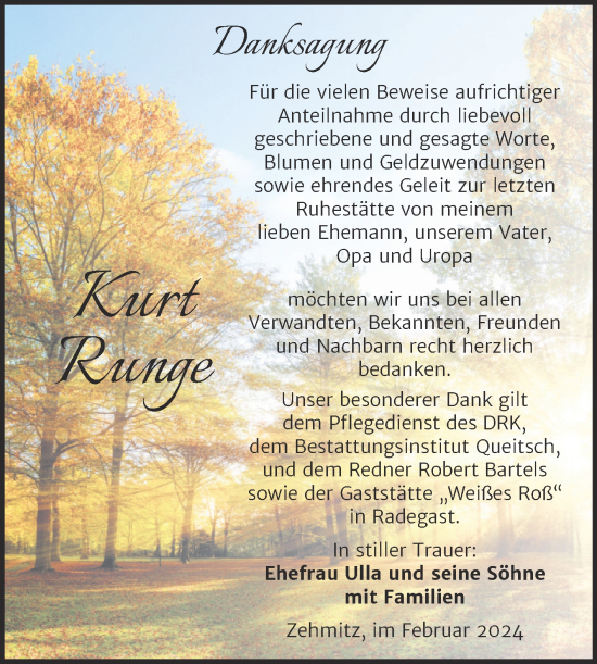 Traueranzeige von Kurt Runge von Trauerkombi Köthen