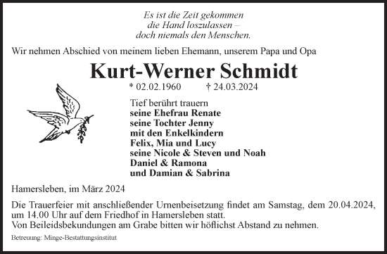 Traueranzeige von Kurt-Werner Schmidt von Volksstimme Oschersleben/Wanzleben