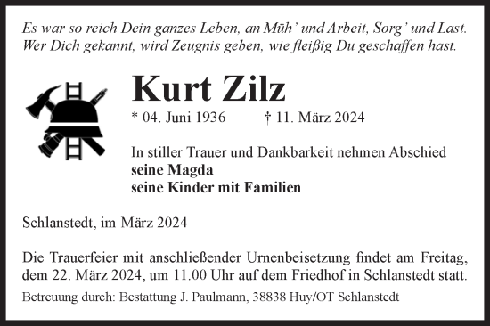 Traueranzeige von Kurt Zilz von Volksstimme Halberstadt