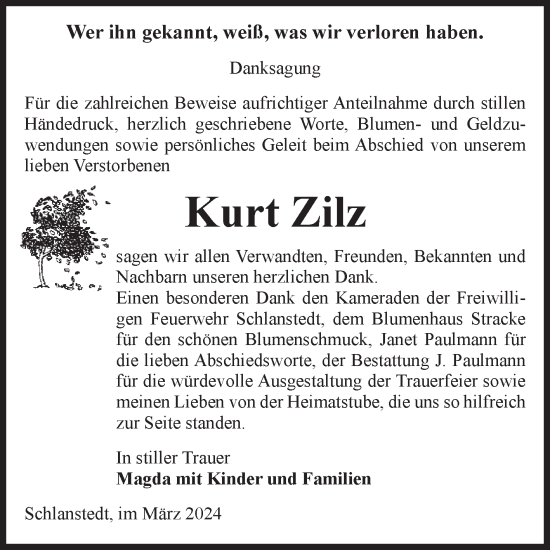 Traueranzeige von Kurt Zilz von Volksstimme Halberstadt