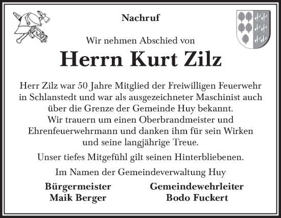 Traueranzeige von Kurt Zilz von Volksstimme Halberstadt