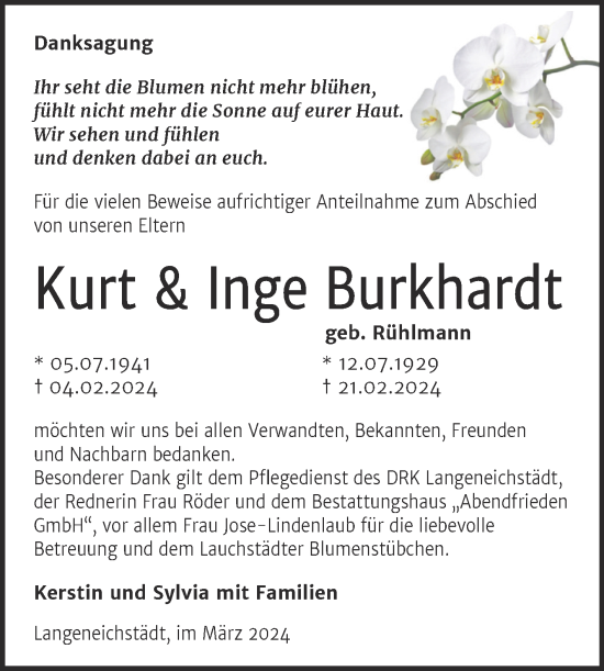 Traueranzeige von Kurt und Inge Burkhardt von Trauerkombi Merseburg