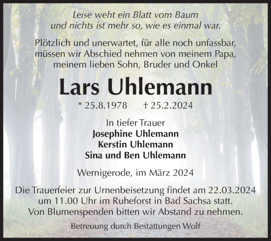 Traueranzeige von Lars Uhlemann von Volksstimme Wernigerode