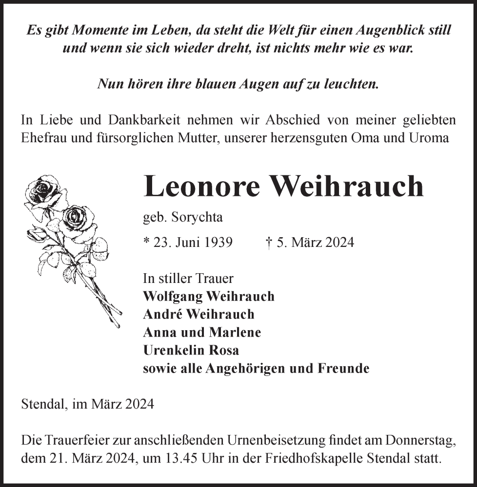  Traueranzeige für Leonore Weihrauch vom 15.03.2024 aus Volksstimme Altmark Ost
