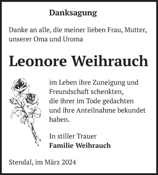 Traueranzeige von Leonore Weihrauch von Volksstimme Altmark Ost