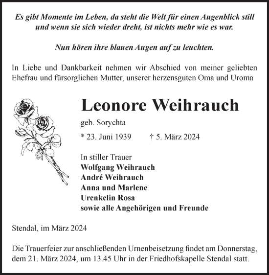 Traueranzeige von Leonore Weihrauch von Volksstimme Altmark Ost