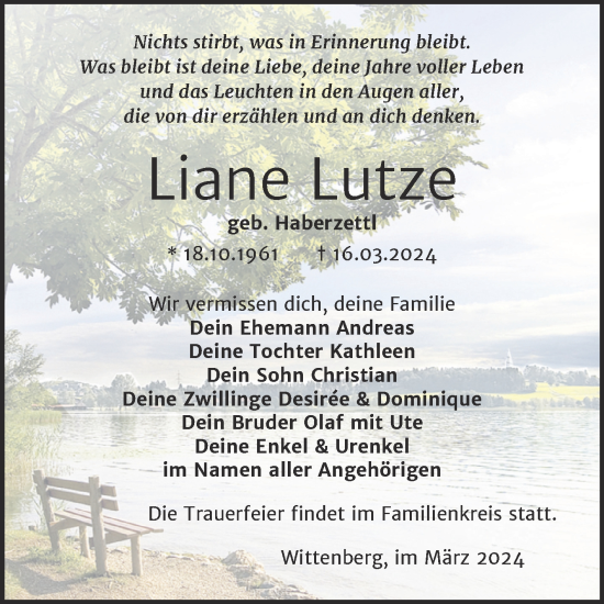 Traueranzeige von Liane Lutze von Trauerkombi Wittenberg