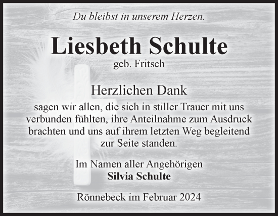 Traueranzeige von Liesbeth Schulte von Volksstimme Altmark Ost