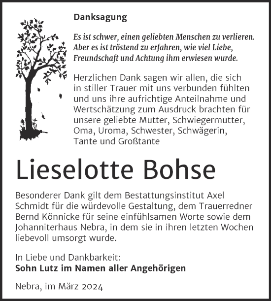 Traueranzeige von Lieselotte Bohse von Naumburger Tageblatt