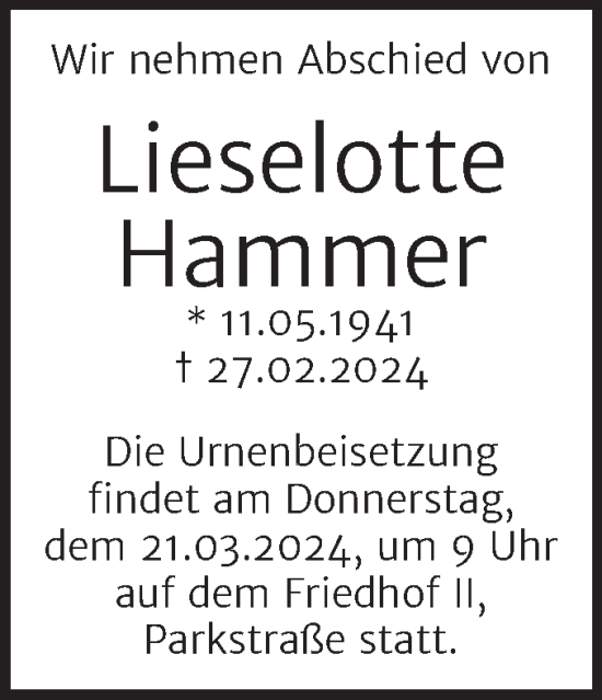 Traueranzeige von Lieselotte Hammer von Trauerkombi Bernburg