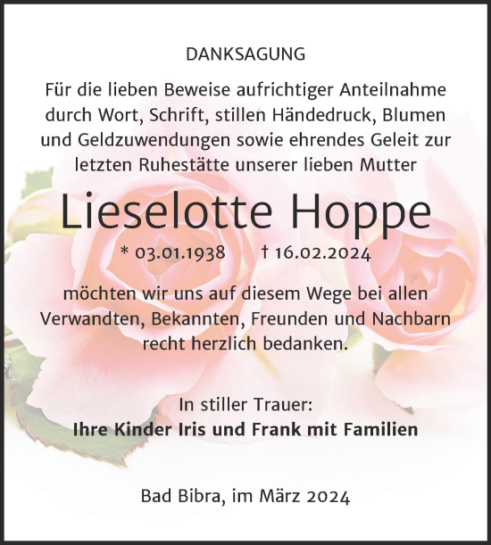 Traueranzeige von Lieselotte Hoppe von Naumburger Tageblatt