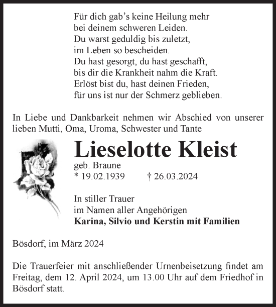 Traueranzeige von Lieselotte Kleist von Volksstimme Haldensleben/Wolmirstedt