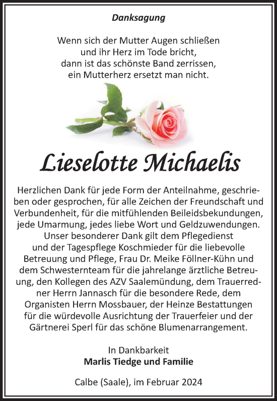 Traueranzeige von Lieselotte Michaelis von Volksstimme Schönebeck
