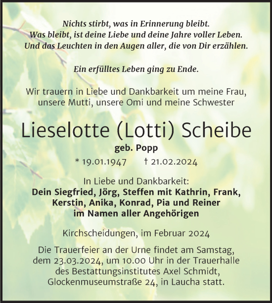 Traueranzeige von Lieselotte Scheibe von Super Sonntag Naumburg/Nebra