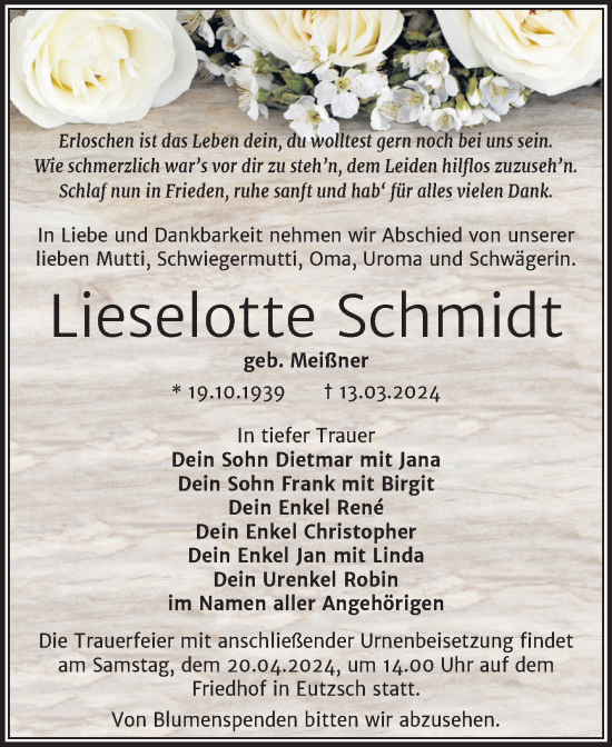 Traueranzeige von Lieselotte Schmidt von Trauerkombi Wittenberg