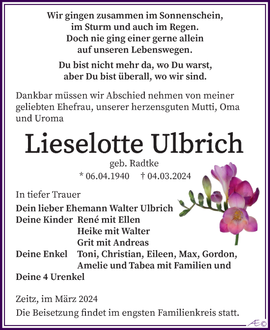 Traueranzeige von Lieselotte Ulbrich von Trauerkombi Zeitz