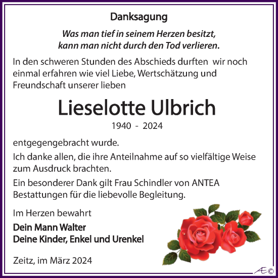 Traueranzeige von Lieselotte Ulbrich von Trauerkombi Zeitz