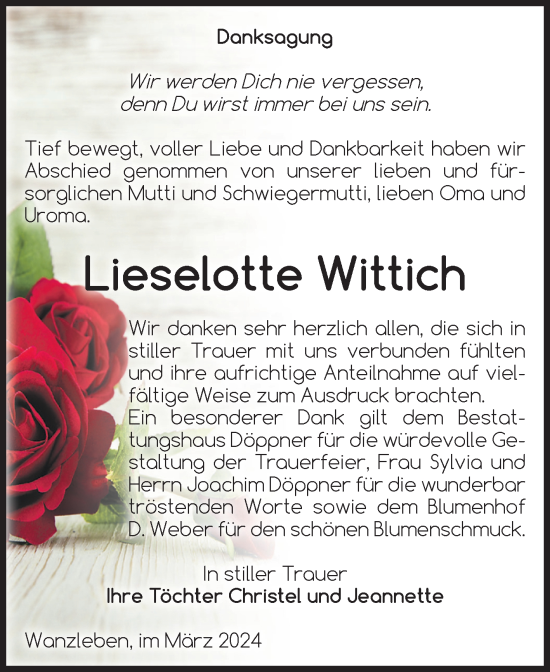 Traueranzeige von Lieselotte Wittich von Volksstimme Oschersleben/Wanzleben