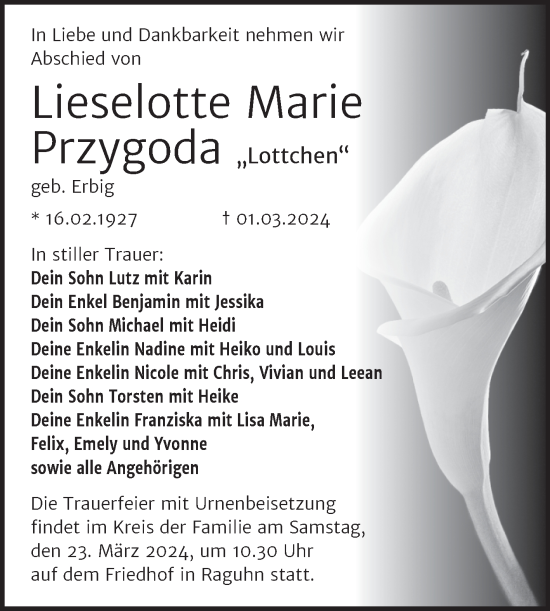 Traueranzeige von Lieselotte Marie Przygoda von Trauerkombi Bitterfeld