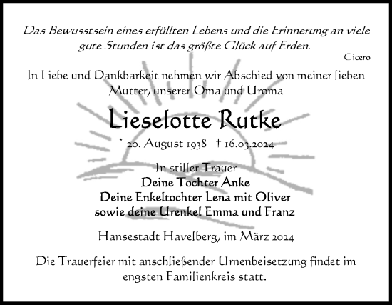 Traueranzeige von Lieseotte Rutke von Volksstimme Altmark Ost