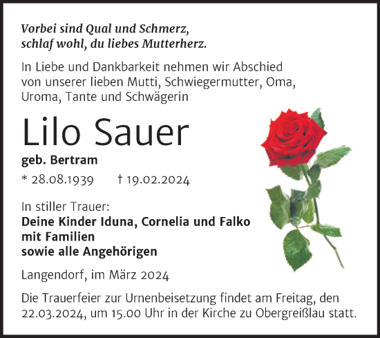 Traueranzeige von Lilo Sauer von Trauerkombi Weißenfels