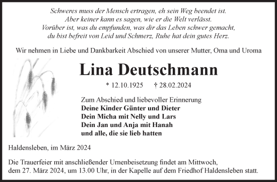 Traueranzeige von Lina Deutschmann von Volksstimme Haldensleben/Wolmirstedt