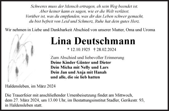 Traueranzeige von Lina Deutschmann von Volksstimme Haldensleben/Wolmirstedt