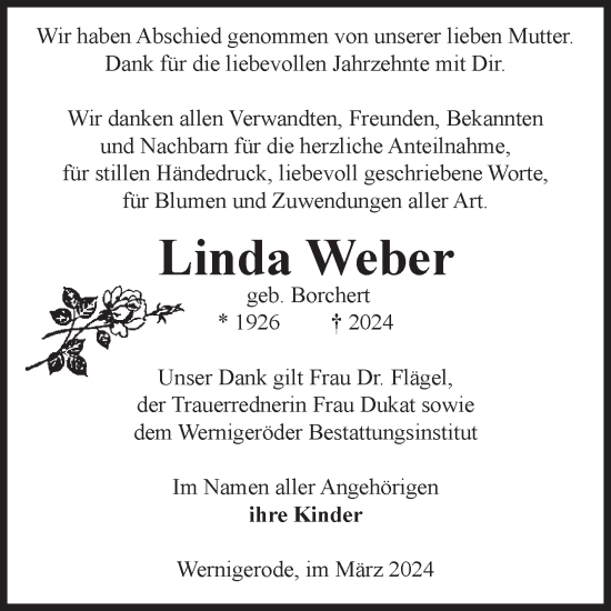Traueranzeige von Linda Weber von Volksstimme Wernigerode