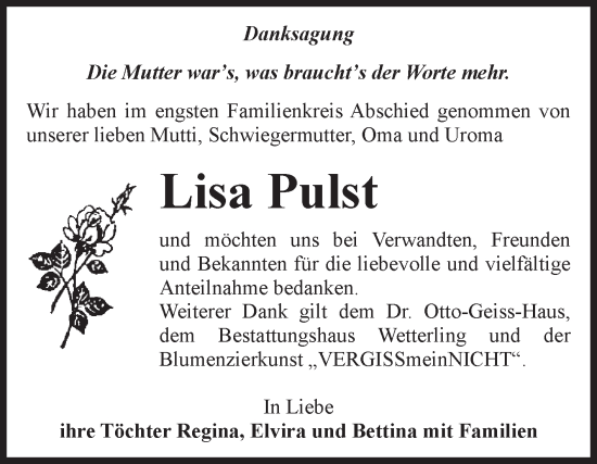 Traueranzeige von Lisa Pulst von Volksstimme Staßfurt