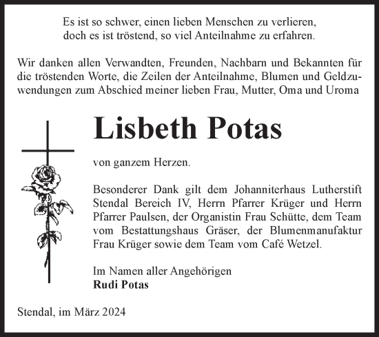 Traueranzeige von Lisbeth Potas von Volksstimme Altmark Ost