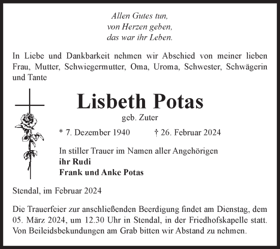 Traueranzeige von Lisbeth Potas von Volksstimme Altmark Ost