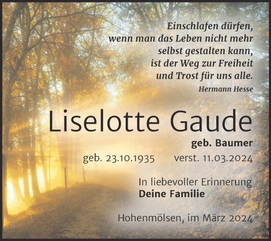 Traueranzeige von Liselotte Gaude von Trauerkombi Weißenfels