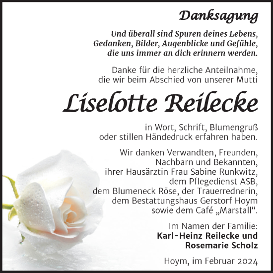 Traueranzeige von Liselotte Reilecke von Trauerkombi Aschersleben