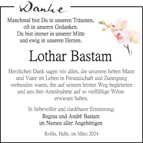Traueranzeige von Lothar Bastam von Trauerkombi Sangerhausen
