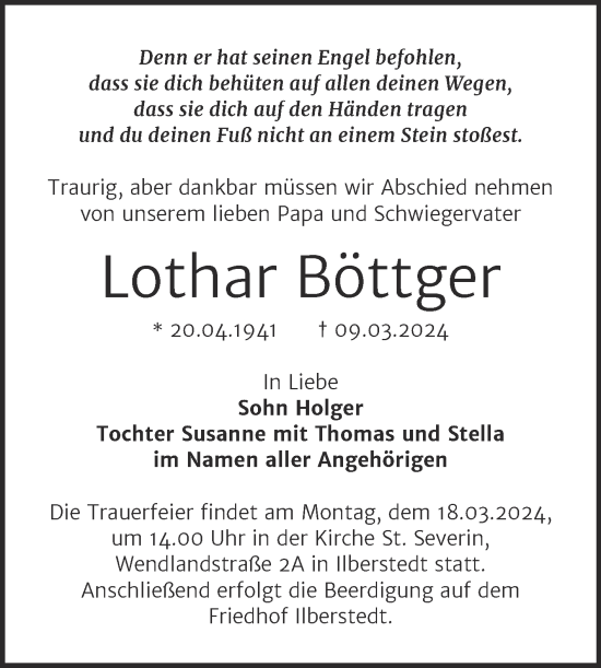 Traueranzeige von Lothar Böttger von Trauerkombi Bernburg