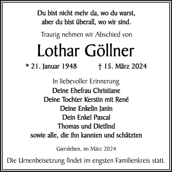 Traueranzeige von Lothar Göllner von Trauerkombi Aschersleben