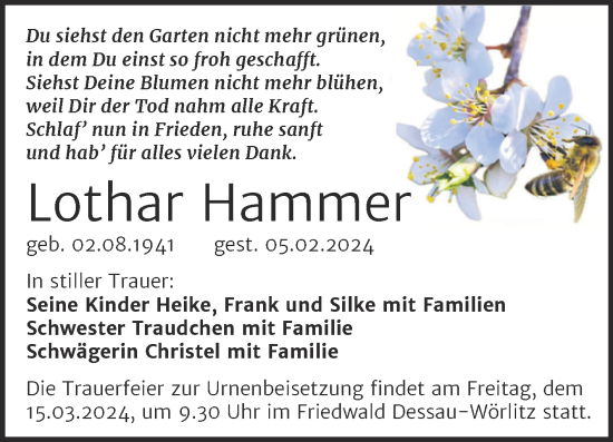 Traueranzeige von Lothar Hammer von Mitteldeutsche Zeitung Halle/Saalkreis