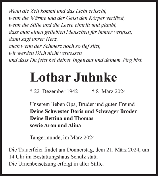 Traueranzeige von Lothar Juhnke von Volksstimme Altmark Ost