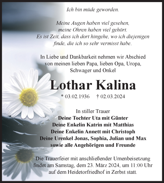 Traueranzeige von Lothar Kalina von Volksstimme Zerbst