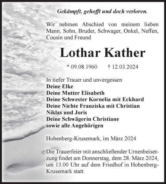 Traueranzeige von Lothar Kather von Volksstimme Altmark Ost