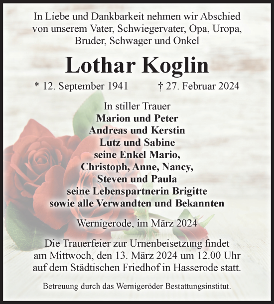 Traueranzeige von Lothar Koglin von Volksstimme Wernigerode
