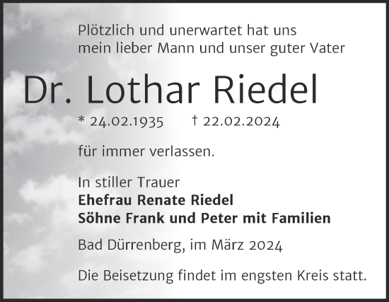 Traueranzeige von Lothar Riedel von Mitteldeutsche Zeitung Merseburg/Querfurt