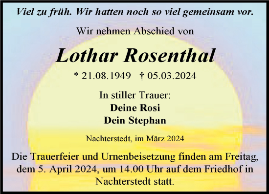 Traueranzeige von Lothar Rosenthal von Trauerkombi Aschersleben