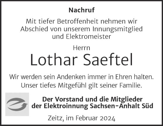 Traueranzeige von Lothar Saeftel von Super Sonntag Zeitz