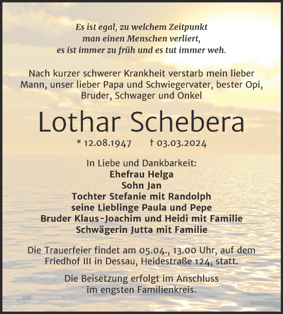 Traueranzeige von Lothar Schebera von Trauerkombi Dessau