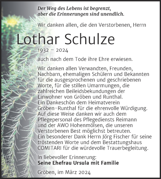 Traueranzeige von Lothar Schulze von Trauerkombi Weißenfels